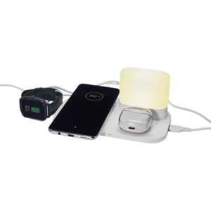 CRG 050, CARGADOR CON lámpara LAMPPU. Cargador inalámbrico para smartphone y earbuds. Incluye lámpara con 3 diferentes intensidades. Salida USB para conectar otro dispositivo como por ejemplo un smartwatch.