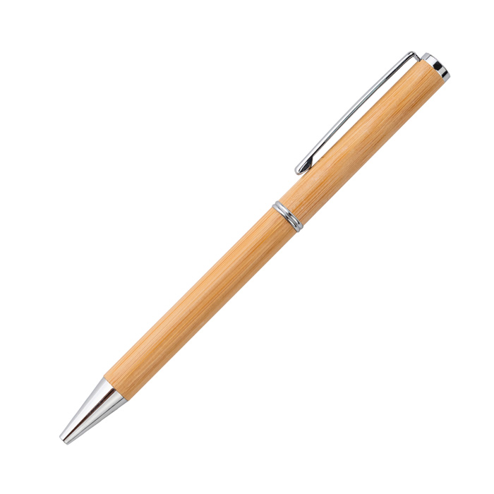 BL-162, Bolígrafo Tudmur. Bolígrafo ecológico con barril de bambú y detalles en metal cromado, tinta de escritura azul. Incluye estuche de cartón individual.